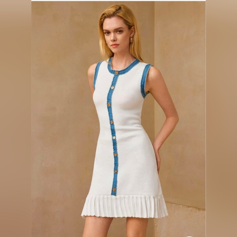 NWT Micas Knit Metallic Button Patchwork Sleeveless Sweater Dress, Large